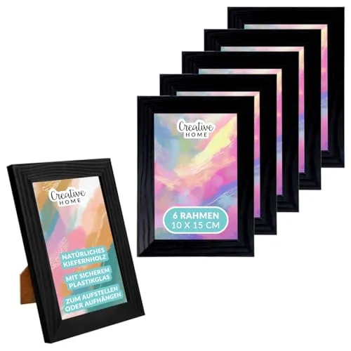 Creative Home 2er Schwarz Bilderrahmen 10x15 cm Set | Unlackiert Fotorahmen aus Kiefern-Holz | mit Rückwand zum Auf-Stellen und Auf-Hängen | Portrait-Rahmen | Geschenk | 2er-Pack
