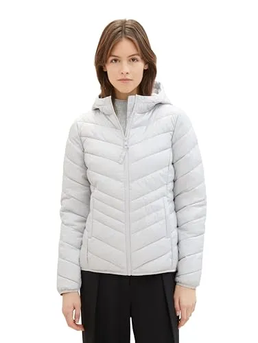 Tom Tailor Denim Damen Lightweight Steppjacke mit Kapuze - Silver Grey, M - Funktionsjacke mit seitlichen Reißverschluss-Taschen und Kapuze, ideal als Übergangsjacke für den Frühling und Herbst. Hergestellt aus nachhaltigen, recycelten Materialien für hohen Tragekomfort.