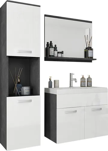 MIRJAN24 Badmöbel-Set Montreal mit Spiegel und Waschbecken - Stylisches Badezimmer-Set in Matera/Weiß Hochglanz. Inklusive Hängeschrank, Waschbeckenschrank und Spiegelschrank für optimale Stauraumlösungen. Einfache Montage mit Anleitung.