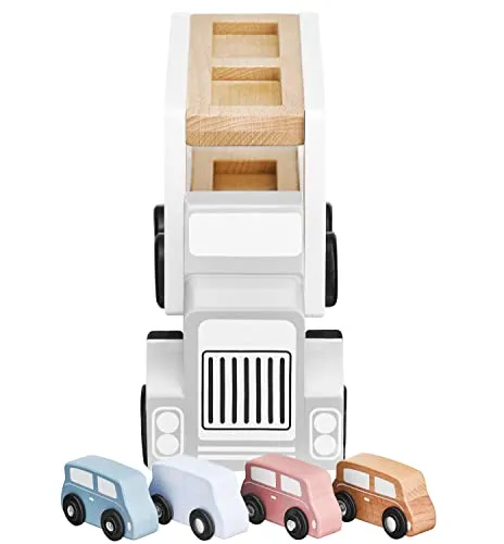 mamabrum Holz-Autotransporter Set mit 4 Autos und Abschleppwagen, Hebebühne & Sicherheitsanhänger, Kinderspielzeug 3-5 Jahre, 33 cm Länge, Pastellfarben