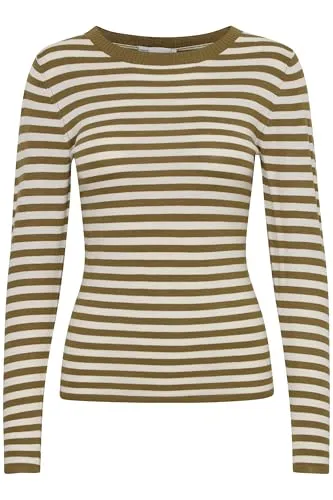 ICHI IHDIANE Damen Langarmshirt - Eleganter Feinstrickpullover in Lizard/Almond Milk Stripe - Pullover für Damen, nachhaltig aus Lenzing ECOVERO, ideal für Business und Freizeit, super angenehm zu tragen.