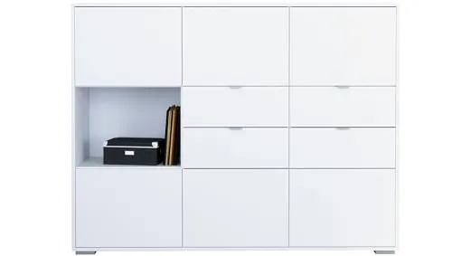 Vladon Highboard Milano (Highboard mit 6 Türen Weiß matt, 4 Schubladen Weiß matt, Made in Germany), Korpus Weiß matt (152,5 x 118 x 37 cm)