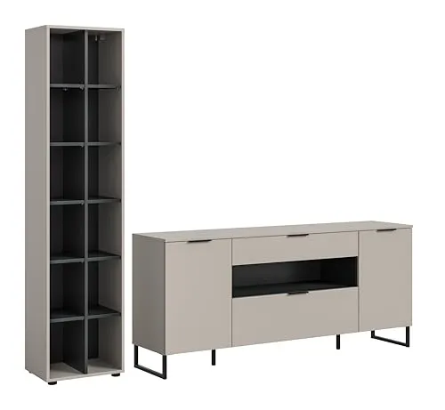 xonox Wohnzimmer Noida 2-tlg. Wohnkombination - Moderne Wohnwand für das Wohnzimmer mit 3 Türen und 1 Schublade. Bietet viel Stauraum und besticht durch ihr elegantes, mattes Finish in Beige. Ideal für eine stilvolle Einrichtung.