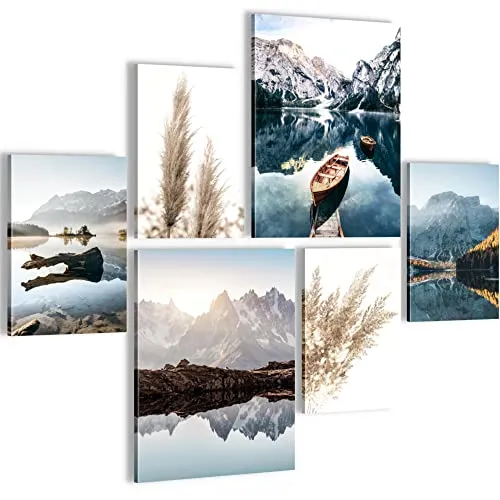 Novart Wandbilder Set See Berge Natur - KEIN EXTRA RAHMEN BENÖTIGT - Modern Deko - Wohnzimmer Schlafzimmer N003663a