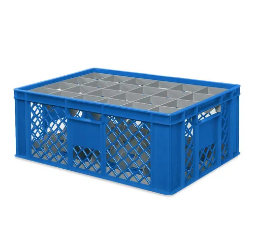 Gläserkiste 600x400 mm - Blau für 24 Gläser - Lebensmittel- & Geschirrtransport, ideal für die sichere Lagerung und den Transport von Gläsern, spülmaschinenfest und mit praktischen Durchfassgriffen ausgestattet.