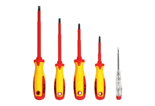 S&R Schraubendreher VDE Elektriker SL-PH-Spannungsprüfer, isoliert bis 1000 V AC, (Satz, 5 St., 5-teilig), starke magnetische Spitzen, gelochte Ergo-Griffe, in Profi-Qualität