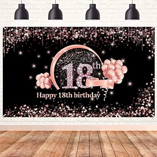 18. Geburtstag Mädchen Deko, 18 Geburtstag Banner Schwarz und Roségold, Happy 18th Birthday Stoff Schild Plakat Hintergrund Banner Für Mädchen Geburtstagsfeier Dekoration