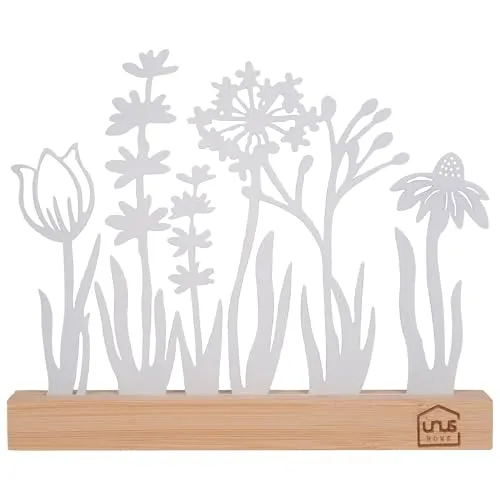 UNUS Aufsteller Silhouette Dekorative Blumenwiese Metall mit Bambusholzsockel, Ideal für Fensterbank, Küche oder Wohnzimmer Weiß