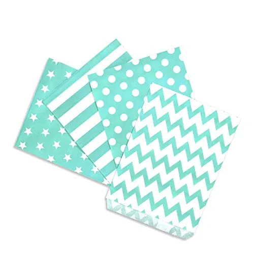 Frau WunderVoll® 100 PAPIERTÜTEN TÜRKIS, Sterne, Streifen, Punkte, Zacken 13 x 16,5 cm, 45 Gramm Papier, flach/Candy Bar, Hochzeit, Kindergeburtstag, Papiertütchen, Candybag, Tüten, Mitgebseltüten