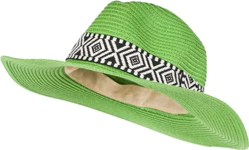 styleBREAKER Damen Panama Sonnenhut Einfarbig mit Stoff Hutband mit Azteken Muster, Strohhut, Schlapphut, Sommerhut, Fedora Hut 04025046, Farbe:Grün