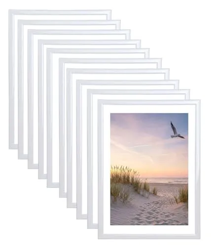 IDEAL TREND Set Bilderrahmen 21x29,7 cm – 10er Pack Weiß - Vielseitige DIN A4 Bilderrahmen aus robustem Kunststoff, ideal für Fotos, Urkunden und Kunstwerke. Langlebig und pflegeleicht, perfekt für jede Wandgestaltung oder als Geschenkidee.