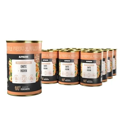 alphazoo Nassfutter Hund mit Ente + Huhn 12×400g – proteinreiches Nassfutter für Junior Hunde – getreidefreies Premium Hundefutter mit natürlichen Zutaten – ausgewogen & Made in Germany
