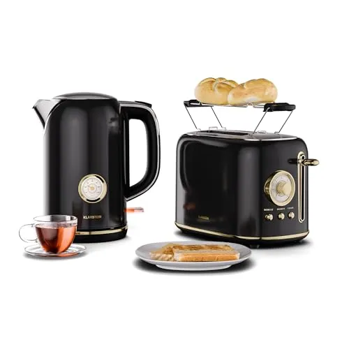 Klarstein Victoria Toaster Wasserkocher Set - Wasserkocher & Toaster Set im eleganten Retro Design, mit 7 Bräunungsstufen für perfektes Toasten und 1,7L Wasserkocher für schnelles Kochen – ideal für stilvolle Frühstücke.