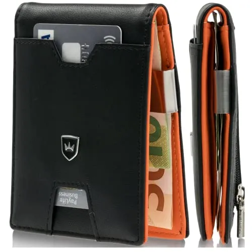 Kronenschein® Slim Wallet mit Münzfach & RFID Schutz I Geldbörse Herren & Damen klein I Portmonee mit Geldklammer I Mini Geldbeutel Karten Portemonnaie (MIT 6 Fächer & Münzfach, Schwarz-Orange)