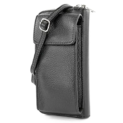 modamoda de P06 Damen Leder Umhängetasche Geldbörse Handytasche 6,5 Zoll handmade in Italy, Farbe:Schwarz