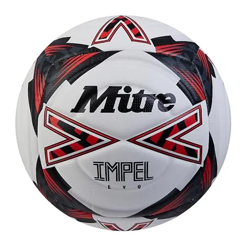 Mitre Impel Evo Fußball | strapazierfähiger Trainingsball | Hyperseam-Technologie, Weiß/Schwarz/Leibchenrot, 5
