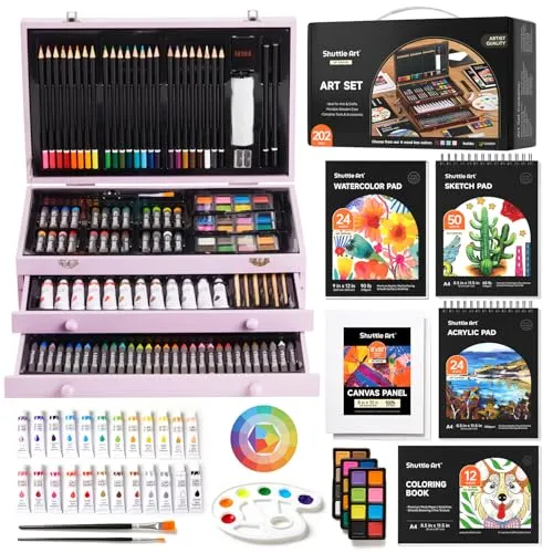 Shuttle Art 202 teiliges Malset, Lila Deluxe Malkoffer mit Acrylfarben, Buntstift, Ölpastellkreide, Aquarellfarben, Wachsmalstifte, Malbuch, Künstlerkoffer, Malset für Kinder und Erwachsene