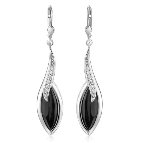 MATERIA Elegante Ohrringe Silber 925 schwarz - Damen Ohrhänger mit Onyx Edelstein Tropfen und Zirkonia SO-164