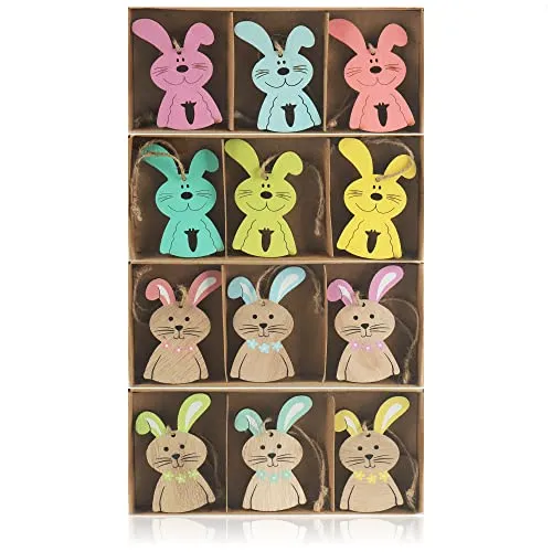 com-four® 12x Dekoanhänger Osterhase - Bunte Hasen aus Holz zum Aufhängen - Holzaufhänger zum Dekorieren - Osterstrauß (12 Stück - Hasen bunt)