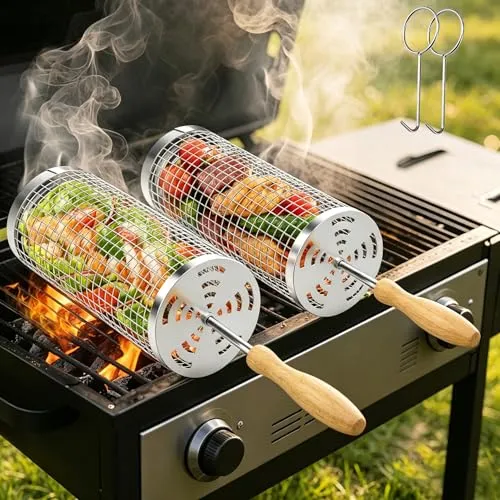 Grillkorb Set (2 Stück) aus Edelstahl mit abnehmbarem Holzgriff