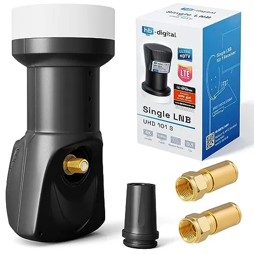 hb-digital Single LNB (Test SEHR GUT *) LNC Kopf 1 Teilnehmer Direkt LTE Protected Satelliten Digital Sat Full HD TV 3D 4K UHD Kontakte vergoldet Wetterschutz Schwarz Black + 2X F-Kompressionsstecker
