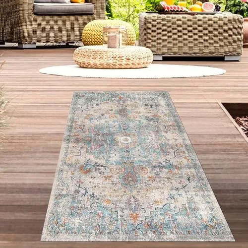 CARPETIA Outdoor Teppich Vintage 80x150 cm in Grau-Blau - Hochwertiger Outdoor-Teppich aus 100 % Polypropylen, UV-beständig und pflegeleicht. Das mediterrane Design bringt Farbe in jeden Raum und sorgt für eine angenehme Atmosphäre – ideal für Terrasse, Balkon und Wohnzimmer.