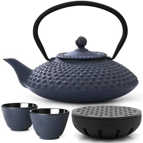 Bredemeijer Teekanne asiatisch Gusseisen Set blau 1.25 Liter Teekessel mit Henkel & Edelstahl Tee-Filter Sieb-Einsatz & Stövchen inkl. Teebecher