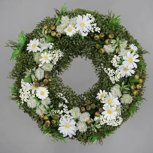 Frühjahrskranz mit Blüten Beeren und Früchten 32cm DP künstlicher Kranz Frühjahr Wandhänger Türkranz (Weiß)