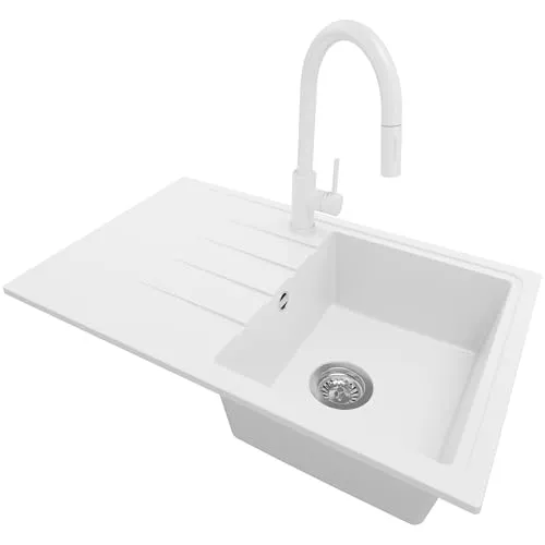 PRIMAGRAN Granitspüle Weiß 78x50cm, Spülbecken 1 Becken + Küchenarmatur 40x20cm + Ablauf-Set, Küchenspüle ab 45er Unterschrank - Mailand S015