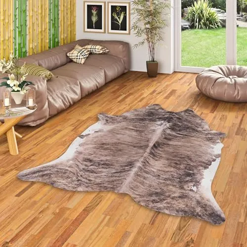 Pergamon Kunstfaser Teppich Rinderfell Braun Beige - Teppich aus 100% Polyester, rutschhemmend und ideal für Fußbodenheizung. Schadstoffgeprüft nach Öko-Tex Standard 100, weich und langlebig.