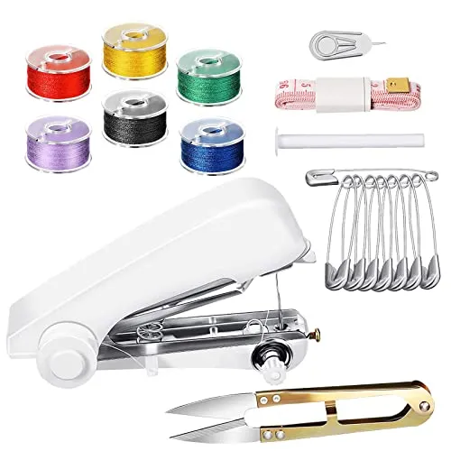 Mini Handheld Nähmaschine Tragbare12 Stück Hand-Nähmaschine Nähgerät Manuell für Anfänger Einfach Zu Bedienen Geeignet DIY Home Craft Werkzeug mit Fäden Schere Maßband Sicherheitsnadel Set -Weiß