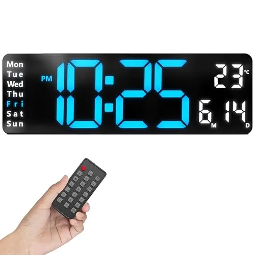 Opis Technology Clock 1 XL - Digitale Wanduhr - Retro LED Wand Uhr mit Fernbedienung, Timer & Wecker, Temperaturanzeige, dimmbares Display, Blau/Weiß
