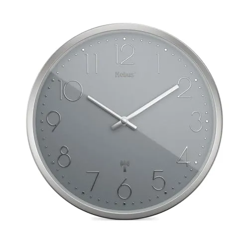 Mebus Funkwanduhr TinyTime | Wanduhr ohne Tickgeräusche | Durchmesser 25 cm | Modernes Zifferblatt in Grau | Silbernes Gehäuse