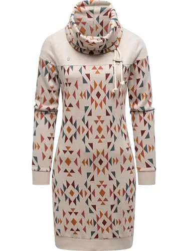 Ragwear Damen Langarm Kleid Midikleid modisches Freizeitkleid mit Schlauchkragen im Aztec-Muster Chlloe Aztec YOUMODO Ecru Gr. XL