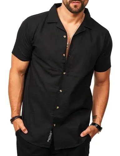 behype. Herren Kurzarm Leinenhemd - Freizeithemd im Regular-Fit mit Reverskragen - Leichtes Leinen-Baumwoll-Mix Hemd, das ideal für warme Tage ist. Moderner Reverskragen verleiht einen eleganten Touch. Bequeme Passform für hohen Tragekomfort und vielseitig kombinierbar – perfekt für jeden Anlass.