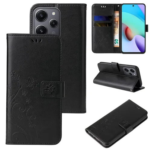Handyhülle für Xiaomi Redmi 12 Klapp Case Tasche Blume Schmetterling Schwarz