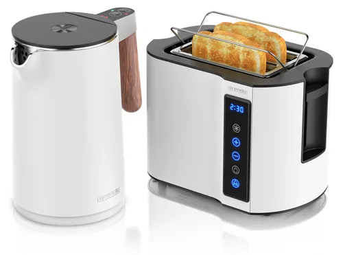 Arendo Frühstücks-Set Edelstahl: Wasserkocher & Toaster in Weiß