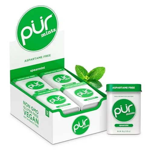 PUR Mints, Aspartamfreie Minzbonbons, Hergestellt mit Xylitol, Zuckerfrei, vegan, glutenfrei & Keto-freundlich, Natürlich aromatisierte Grüne Minze bonbons, 30 Stück (12er-Pack)