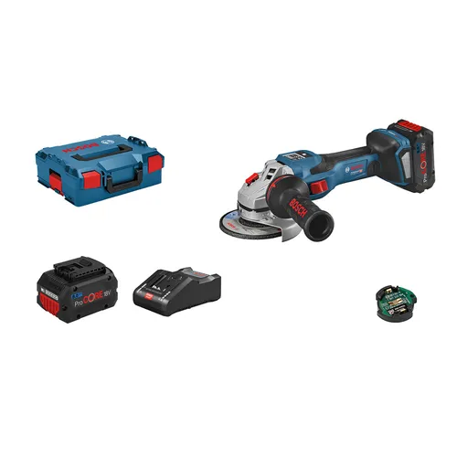 Winkelschleifer GWS18V-15 125MM 2X8A LB - Kabelloser Winkelschleifer mit 125 mm Scheibe, 2 leistungsstarken 18 V Akkus für maximale Flexibilität und Mobilität bei Schleifarbeiten.