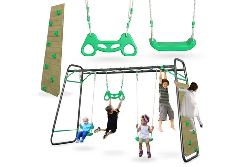 HyperMotion Swing HYP18 Kinderschaukel Outdoor Set - 2 Sitze & Kletterwand - Vielseitige Gartenschaukel mit zwei robusten Sitzen und Kletterwand. Ideal für bis zu 4 Kinder, wetterfest und stabil dank pulverbeschichtetem Stahlrahmen. Fördert Bewegung und Koordination beim Spielen im Freien.