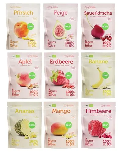 BUAH® Gefriergetrocknete Früchte Probierset | Perfekter Snack aus knusprigen Fruchtchips | Süßigkeiten Alternative ohne Zuckerzusatz, Toppings für Porridge | Vegan Glutenfrei