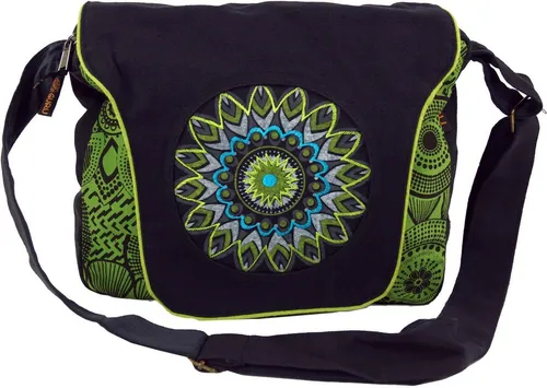 Schultertasche Hippie Tasche schwarz/grün - 22x28x6 cm - Damentaschen, fair gehandelt in Nepal mit 3 Fächern und verstellbarem Gurt für optimalen Tragekomfort.