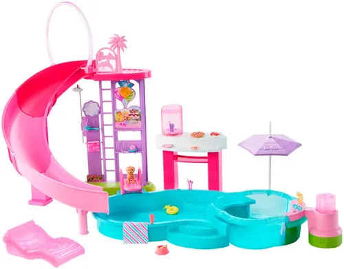 Barbie Traumpool Spielset - Puppenzubehör mit Rutsche, schäumendem Whirlpool und über 20 Zubehörteilen für spritzigen Spielspaß und kreative Poolpartys!