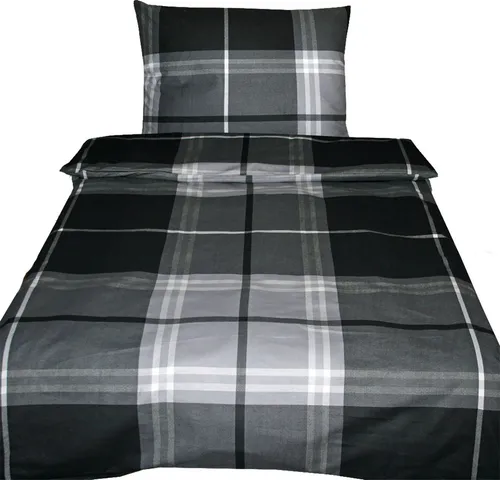 KH-Haushaltshandel Bettwäsche 2-tlg. Biber Winter Bettwäsche 135 x 200 + 80x80cm, kariert, Biber, 2 teilig, schwarz grau kariert, flauschig weiche warme Winter Biber Bettwäsche