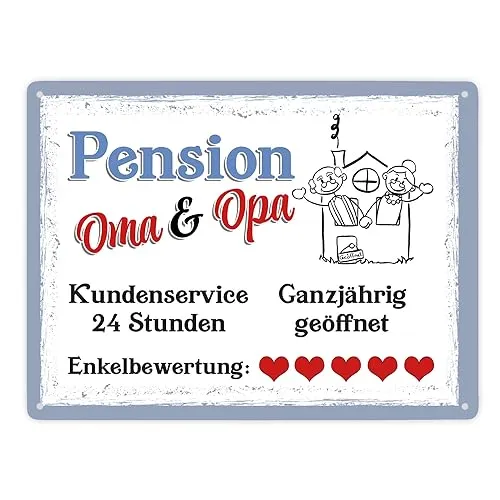 Pension Oma und Opa Metallschild XXL in 28x38 cm als Geschenk für die geliebten Großeltern welche einem keinen Wunsch abschlagen können Omi Opi Schild
