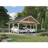 Doppelcarport Robert 20,6 m2 - Robuster Carport für zwei Fahrzeuge, ideal für Schutz und Stil. Inkl. Montagezubehör und Aufbauanleitung, mit hochwertigem Leimholz und Satteldach für optimale Stabilität.