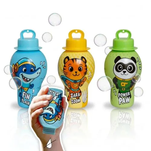 alldoro 68979 Auslaufsichere Seifenblasen 12er Set mit Animal-Hero Designs - Kleckerfreier Spielspaß mit 12 nachfüllbaren Fläschchen à 30 ml. Tierische Helden und handliche Größe für Kinderhände machen jede Feier zum Highlight. Ideal für Garten, Park oder Kindergarten – für unvergessliche Momente!