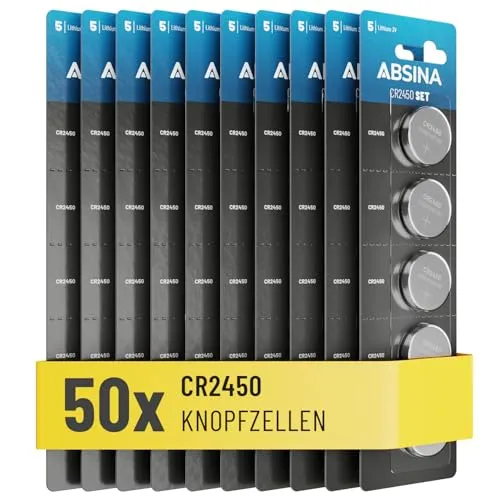 ABSINA CR2450 Knopfzelle 50er Pack - Langlebige 3V Batterien - Batterien - Die ABSINA CR2450 bietet zuverlässige Leistung und maximale Kapazität, ideal für Geräte wie Fieberthermometer oder Autoschlüssel.
