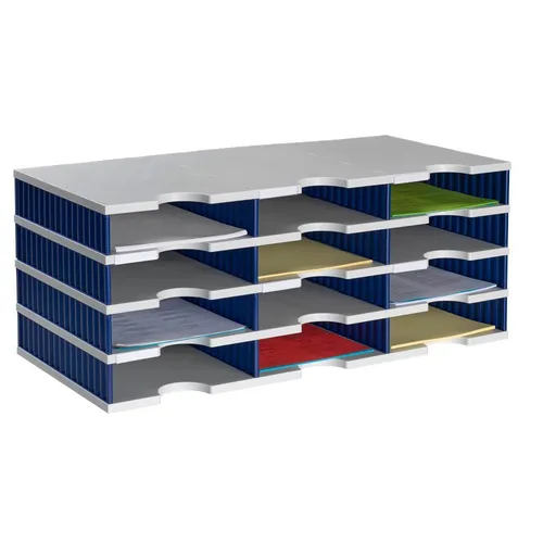 Styro Sortierstation Styrodoc Grau/Blau mit 12 Fächern - Ablagesysteme mit 12 Fächern für optimale Sortierung, leicht und ideal für Büroorganisation.