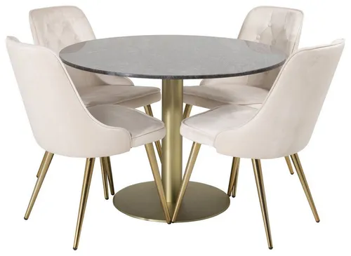 ebuy24 Essgruppe EstelleØ106BLBR - Elegantes 5-tlg. Set mit Marmor Tisch und Velvet Stühlen - Essgruppen mit stilvollem Esstisch in Schwarz mit Marmoroptik und 4 bequemen Velvet Deluxe-Stühlen in Veloursbeige. Perfekt für ein elegantes Ambiente in Ihrem Zuhause.